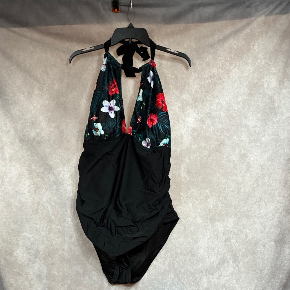 Plus Size Black Halter One-Piece Swimsuit with Tropical Floral Top